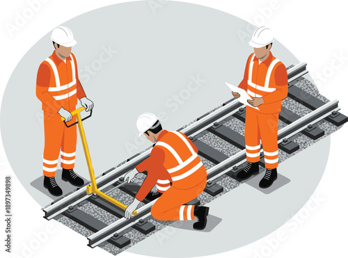 Railway construction workers in high visibility orange uniforms performing track maintenance and rail inspection with specialized tools vector