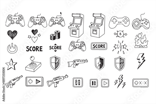 Retro Video Game Doodle Icon Set: Hand-Drawn Arcade, Controller, and Gaming Element Vectors