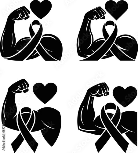 Strong Bicep Muscle Arm with Awareness Ribbon and Heart Icon for Cancer Warrior Support Design