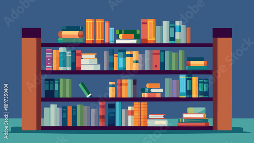 Bookshelf with colorful books arranged neatly on wooden shelves against a deep blue background, illustrating a typical home or library setting with a variety of sizes and colors.