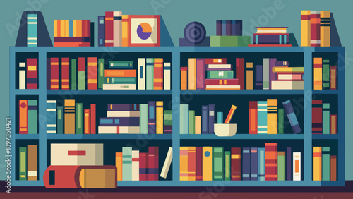 Bookshelf with colorful books, decorative items, framed pictures, and a mortar and pestle in a cozy library or study setting featuring organized shelves, wooden furniture, interior design with small