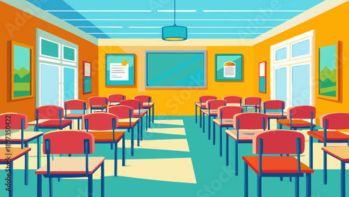 Desk chair with orange and beige cushions and metal legs arranged in a school or conference room setting featuring classroom furniture, seating arrangement, modern design with interior decor and