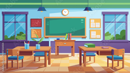 Bookshelf classroom scene with chalkboard, desks, chairs, windows, and student supplies, educational environment illustration featuring teaching, learning, interior with school and decor elements for