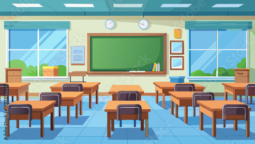 Bookshelf classroom with wooden desks and student chairs, green chalkboard, large windows showing trees and grass, blue tiled floor, and educational decor for teaching and learning environments