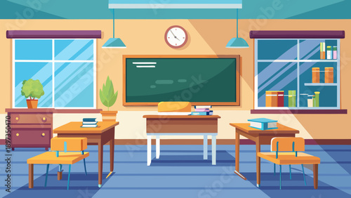 Bookshelf school classroom interior with window and chalkboard, educational environment, learning space, desks, student chairs, books, plants, decorations, and daylight