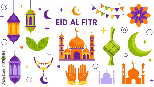 Celebration of Eid al-Fitr with mosque, lanterns, and crescent moon symbols in a festive illustration