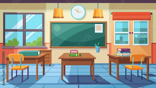 Bookshelf classroom with blackboard, desks, chairs, windows, and hanging lamps in a school setting featuring educational environment, learning space, interior with modern and colorful elements for