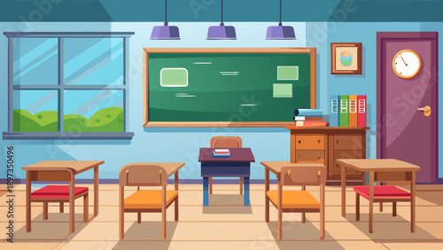 Bookshelf classroom scene with green chalkboard, wooden desks, chairs, books, and window view of landscape featuring educational, school, interior with furniture and desk elements for chair, learning