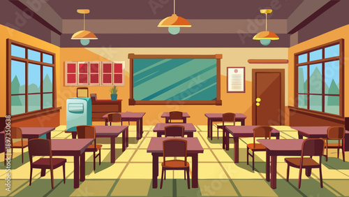 Bookshelf and Classroom Interior with Desks, Windows, and Classroom Supplies in a School Setting featuring teacher's desk, chalkboard, educational environment with learning space and teaching aids