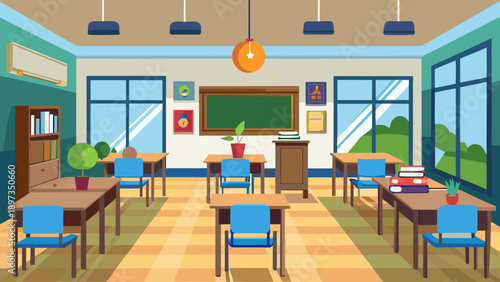 Bookshelf classroom interior with educational decorations, windows, and desks in a bright, organized learning space suitable for students and teachers.