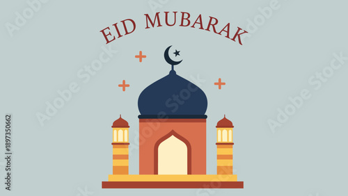 Celebratory illustration of mosque with minarets and Eid Mubarak text, symbolizing religious celebration and cultural heritage