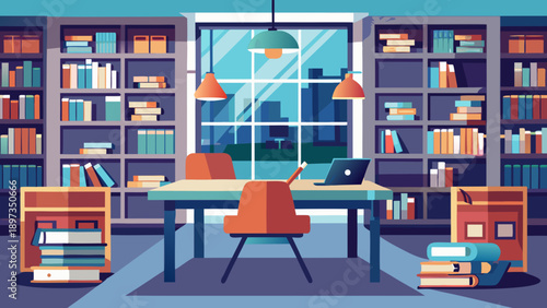 Bookshelf enclosed with sliding glass doors in a contemporary home library with warm lighting, modern furniture, and a view of the city skyline through large windows