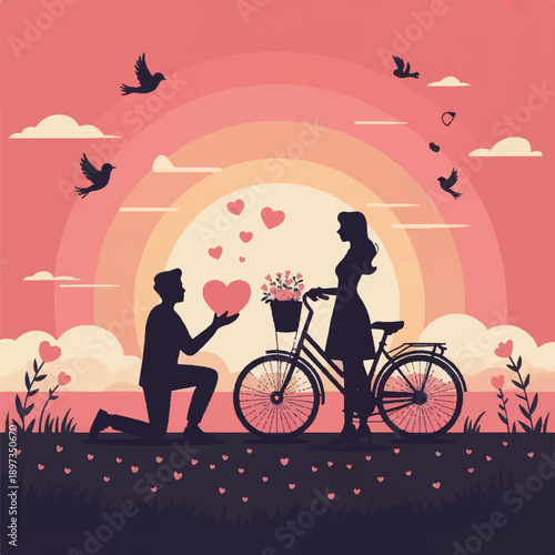 romantic proposal couple silhouette with bicycle at sunset illustration