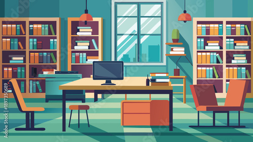 Bookshelf library scene with wooden shelves filled with colorful books, a modern desk with a computer, and cozy chairs for reading and studying in a bright, organized room.