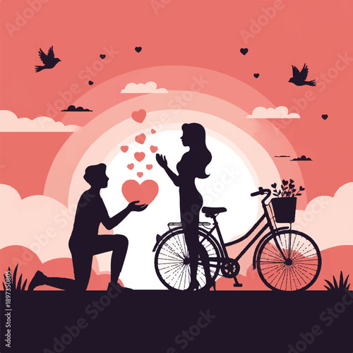 romantic couple proposal silhouette at sunset with bicycle scene