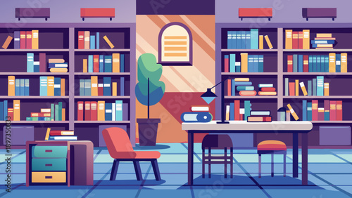 Bookshelf with organized shelves filled with colorful books and a cozy reading corner in a modern library or study room setting featuring interior, furniture, decor with lighting and home elements