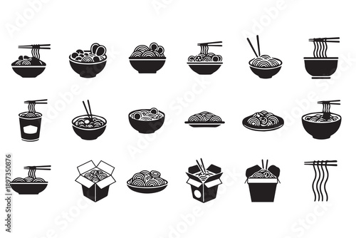 Asian Noodle and Ramen Icon Set - Japanese Cuisine, Instant Soup, and Chinese Food Vector Silhouettes