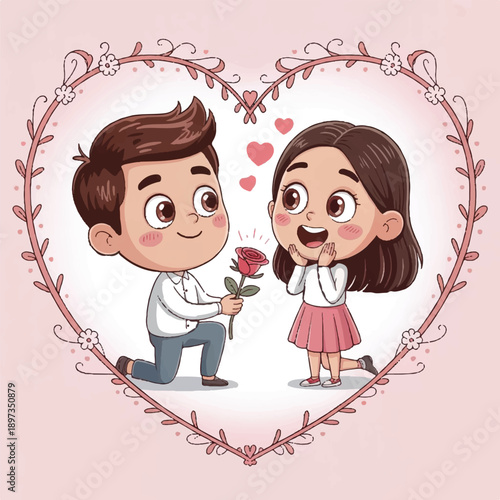 cute cartoon boy proposing rose to girl inside heart frame