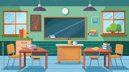 Bookshelf with books, classroom chalkboard, and school decor in a brightly lit educational environment featuring windows, sunlight, indoor with furniture and learning elements for student, teacher