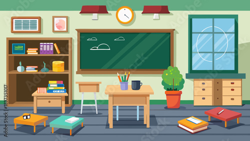 Bookshelf classroom with school supplies, green chalkboard, and window in a cartoon style classroom setting featuring potted plant, desks, chairs with books and stationery elements for educational,