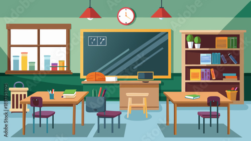 Bookshelf classroom educational environment with books, plants, and learning tools in a colorful, organized school setting featuring tables and chairs for students.