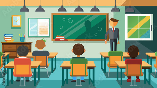 Bookshelf classroom with students sitting at desks and a teacher instructing in front of a chalkboard and windows, detailed illustration of an educational environment