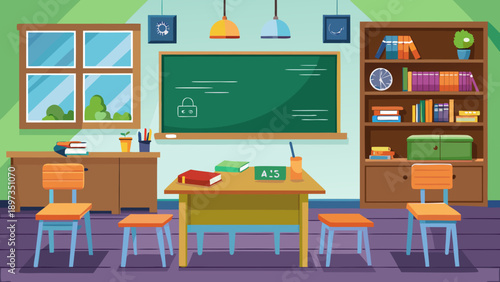 Bookshelf in classroom with books, potted plant, clock, and educational posters, colorful furniture, windows, chalkboard, and light fixtures for school learning environment