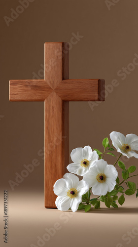 Wooden cross with flowers on plain indoor background
