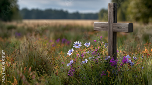 Wooden cross in photorealistic landscape