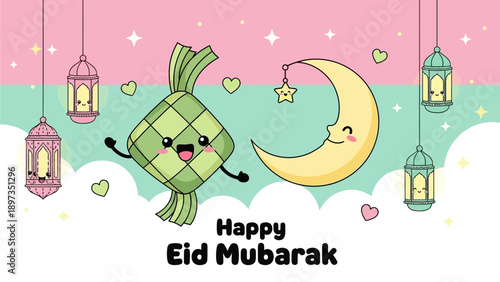 A cheerful ketupat character celebrates Eid Mubarak under a glowing moon surrounded by festive lanterns and hearts in a whimsical illustration