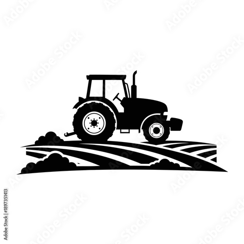 Silhouette of a tractor plowing a field, symbolizing agriculture and farming.