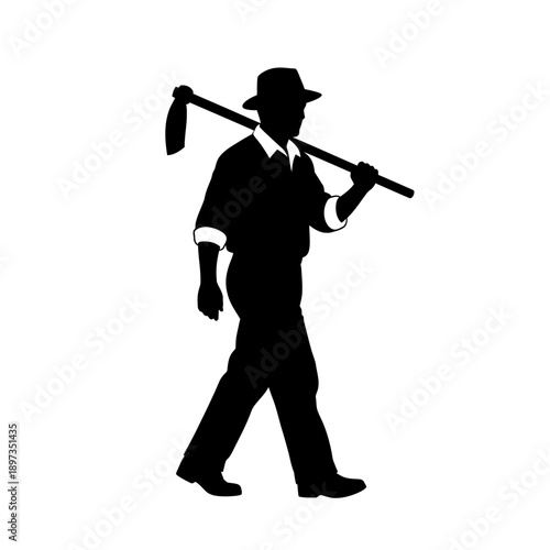 Silhouette of a farmer walking with a hoe over his shoulder, representing agriculture and hard work.