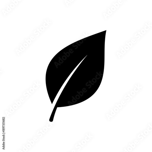 A simple black silhouette of a single leaf with a stem against a white background.