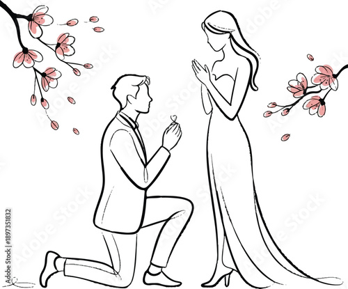 romantic hand drawn couple proposal illustration with floral accents