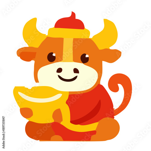 Happy Cartoon Ox Holding Chinese Gold Coin, Symbol of Wealth and Prosperity for Lunar New Year Celebrations and Festive Greetings