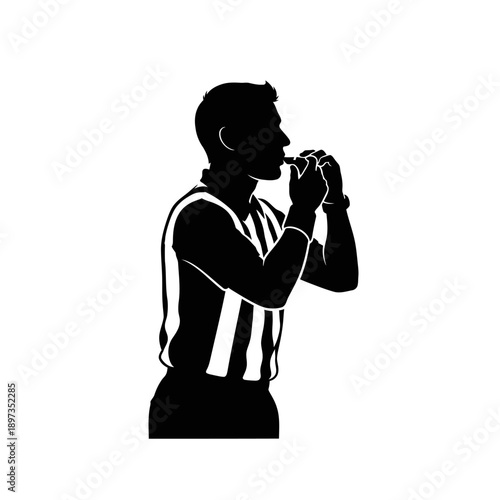 Silhouette of a referee blowing a whistle, signaling a foul or start of a game.