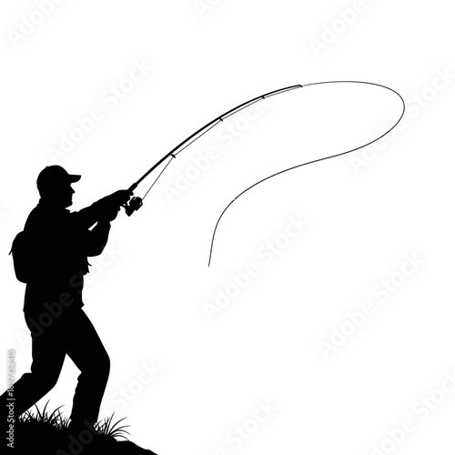 Silhouette of a fisherman casting a fishing rod with a curved line against a white background, representing outdoor recreation and hobbies.