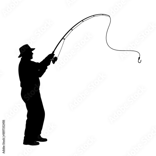 Silhouette of a person fishing with a rod and reel, casting a line with a hook.