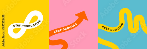 Vibrant abstract poster with flowing shapes in warm colors featuring colorful, curved fluid wavy lines for a dynamic, productive, keep growing, motivational phrases typography for creative wall art