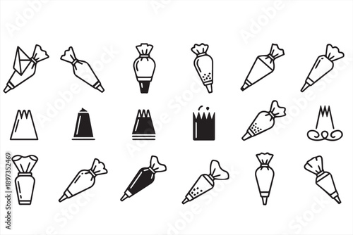 Piping Bag and Icing Nozzle Icon Set: Professional Bakery Pastry Tools and Cake Decorating Vectors