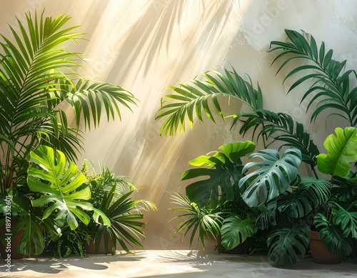 Lush Green Tropical Plants with Sunlight and Soft Textured Wall