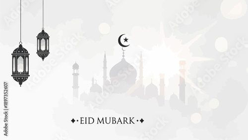 Celebrating Eid Mubarak with lanterns and mosque silhouettes at dusk with a crescent moon