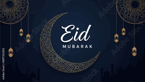 Celebrating Eid Mubarak with Crescent Moon and Lanterns in Dark Blue Background from a Direct Viewpoint