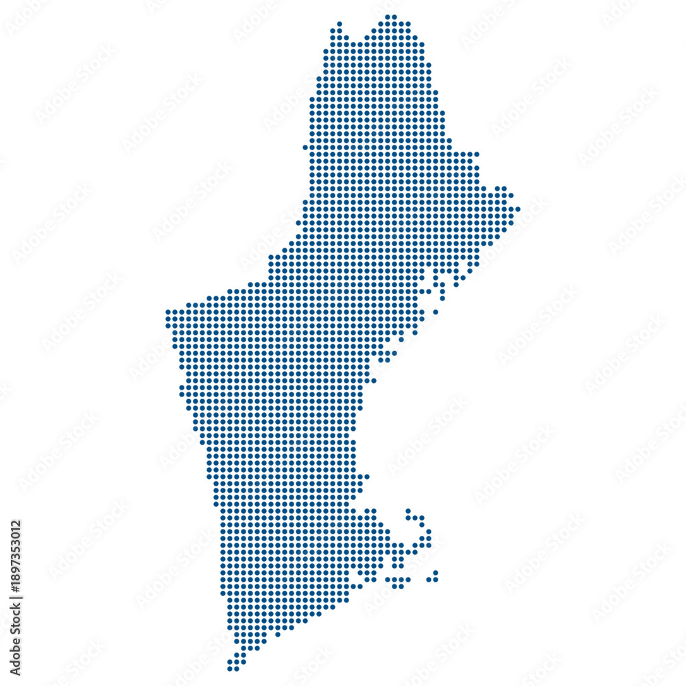 Obraz premium New England region of the United States dotted map. New England Biotech and Innovation Hub Dot Map on Blue Data Visualization