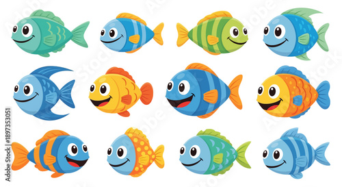 Collection of cartoon fish swimming together in various colors and patterns, illustration, underwater scene, flat view