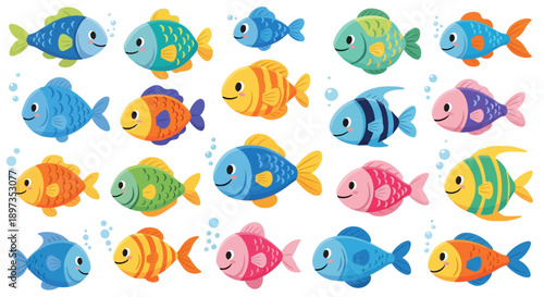 Colorful cartoon fish swimming together in a vibrant underwater scene viewed from above