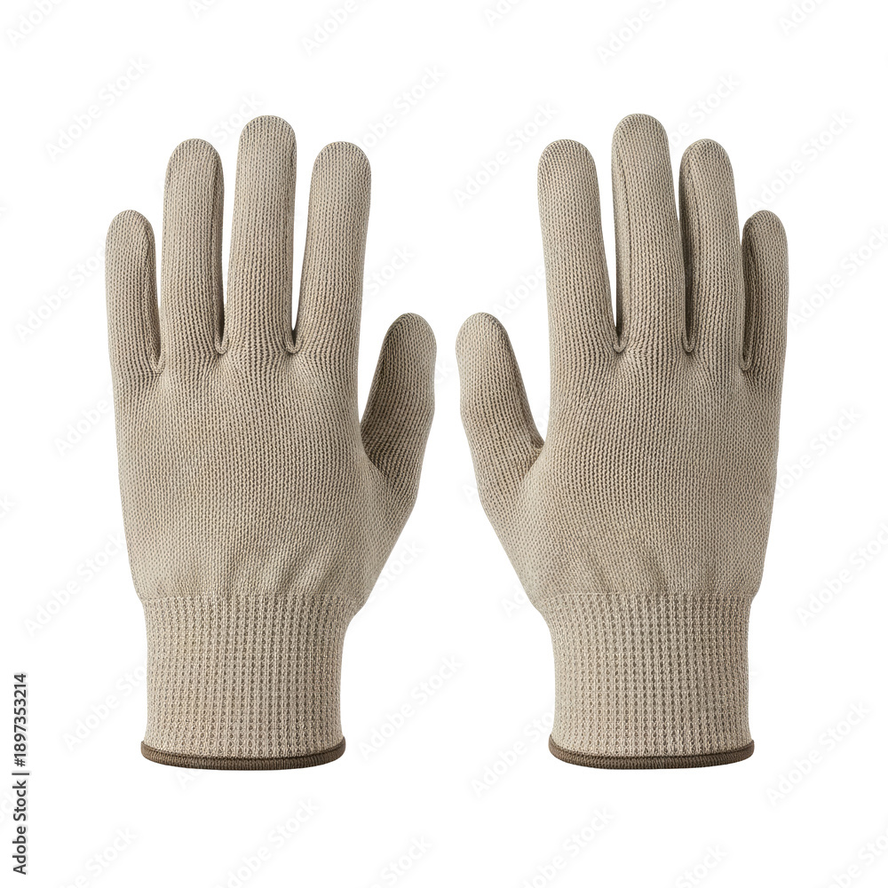 Obraz premium Pair of beige work gloves with ribbed cuffs, isolated on a white background, ready for various tasks and protection.