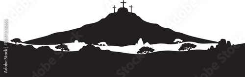 Calvary hill silhouette with three crosses above landscape for religious concept design