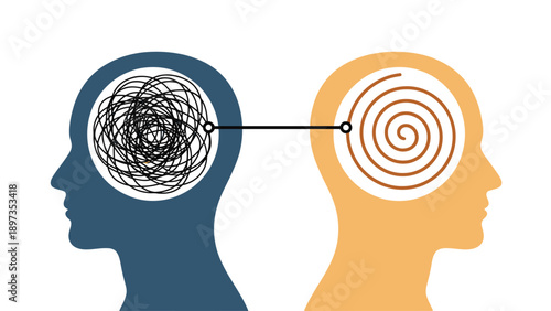 Two human heads with one having a messy mind and the other focused