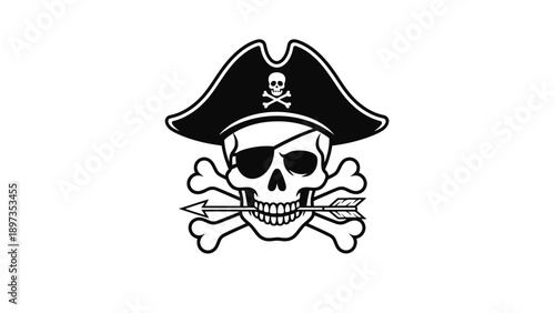 Pirate skull symbol with crossbones and eye patch on white background